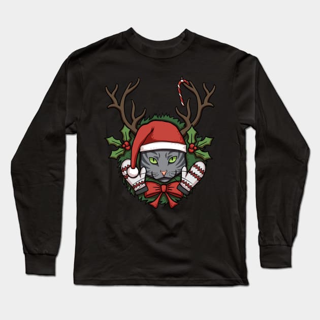 Gray Christmas Cat Long Sleeve T-Shirt by Cat Club